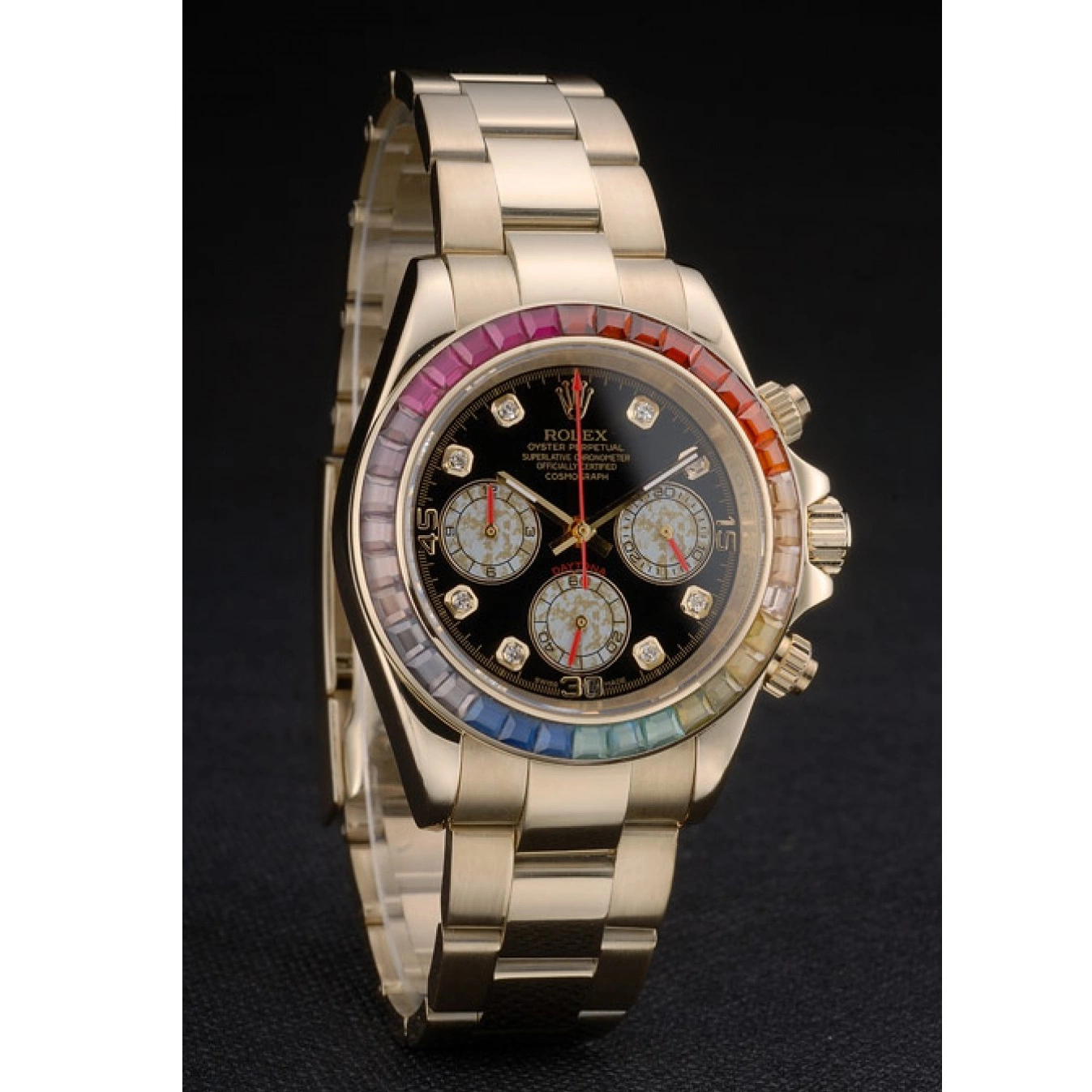 MiroTime 0816 Rolex Daytona Cosmograph Rainbow Crystals Bezel Rose Gold Strap Black Dial 80251